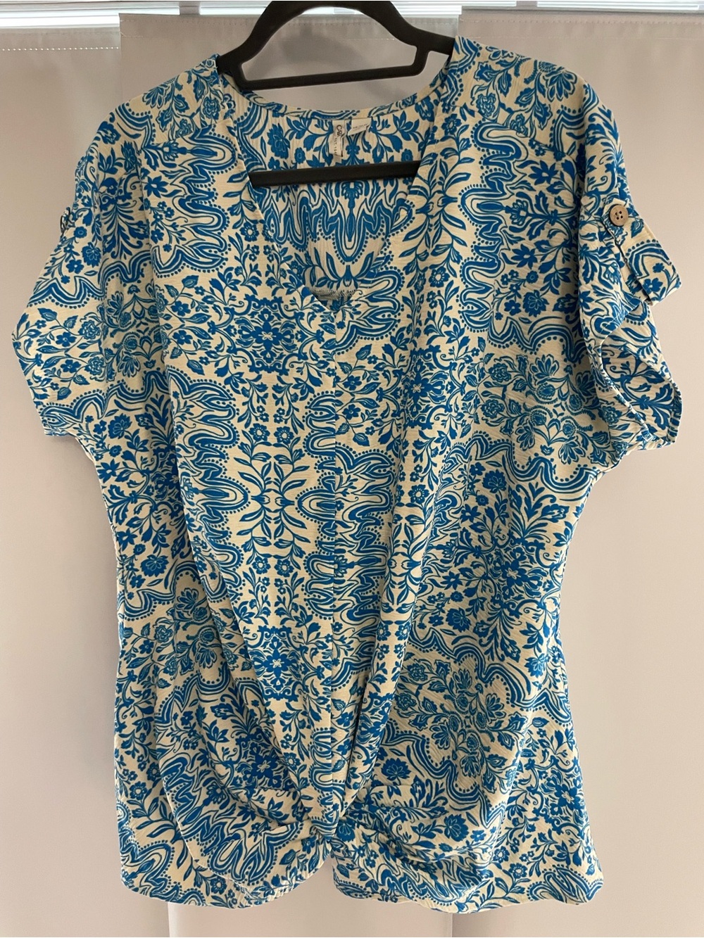 Cato Blue & White Floral-Print Knot Front Blouse